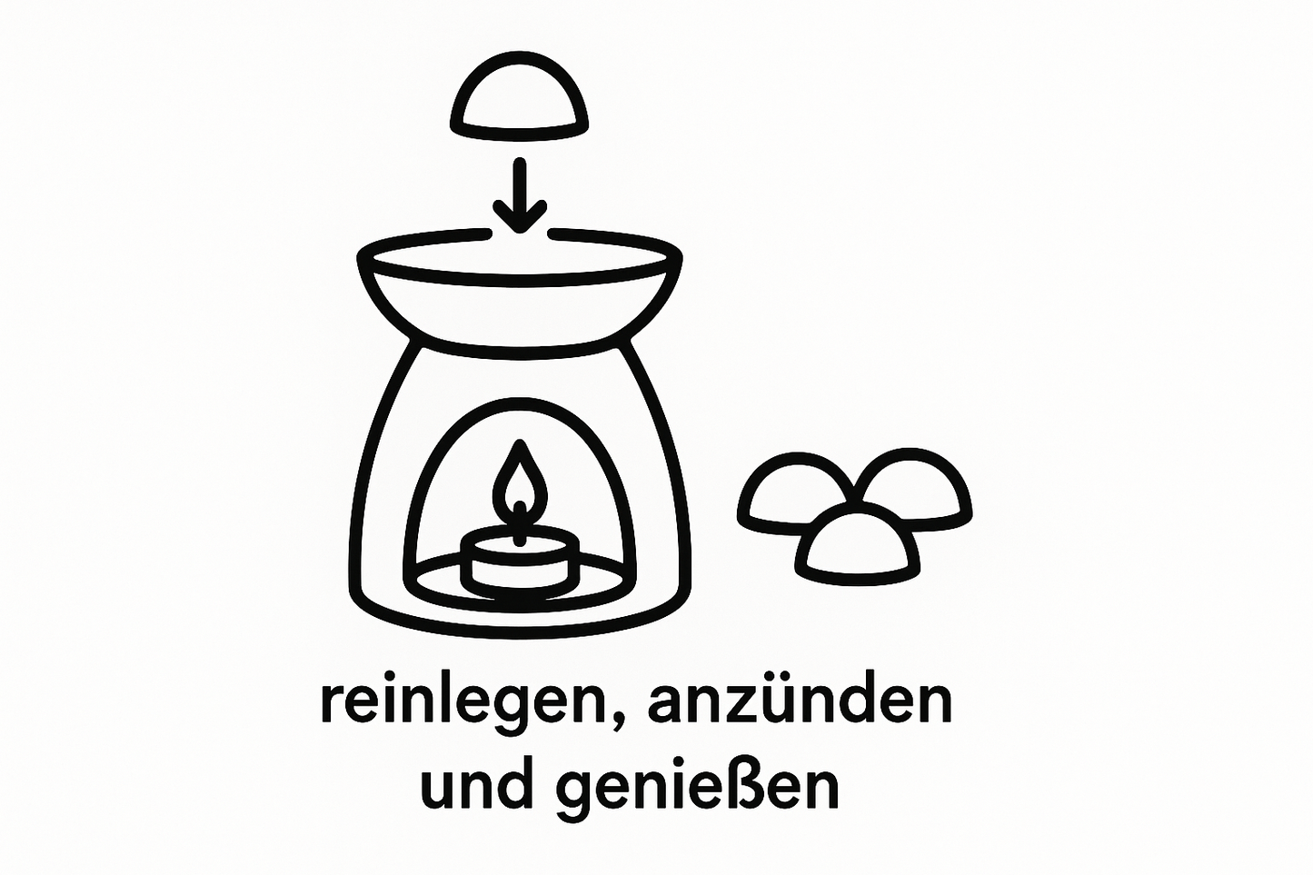 bild mit einer duftlampe , in die man kleine wachs formen halbkugeln legt in schwarz weiß schlicht, mit dem satz reinlegen, anzünden und genießen
