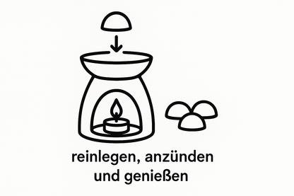 bild mit einer duftlampe , in die man kleine wachs formen halbkugeln legt in schwarz weiß schlicht, mit dem satz reinlegen, anzünden und genießen